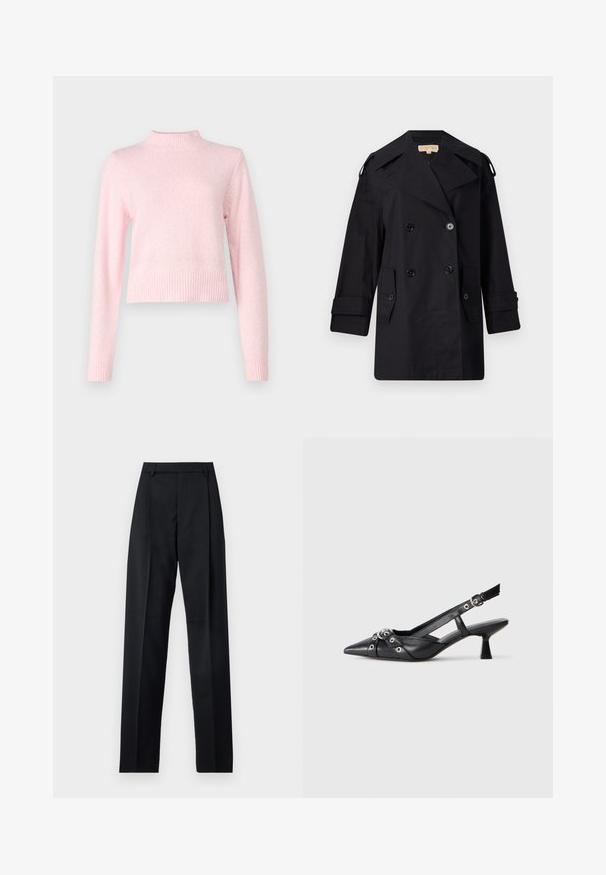Abrigo de trinchera negro de doble botonadura con un amplio cuello, botones y bolsillos laterales. Fabricado en una tela suave con un corte recto y mangas con puños.; Suéter rosa claro con un cuello alto y mangas largas. Hecho de una textura suave, presenta un dobladillo y puños acanalados para un ajuste ceñido.; Pantalones negros de tela suave con cintura alta, piernas amplias, pliegues frontales y lazos de cinturón clásicos. No hay bolsillos laterales visibles.; Zapato de slingback negro de piel con punta afilada, correas decorativas con ojales de metal y un tacón bajo y ancho. Superficie texturizada.