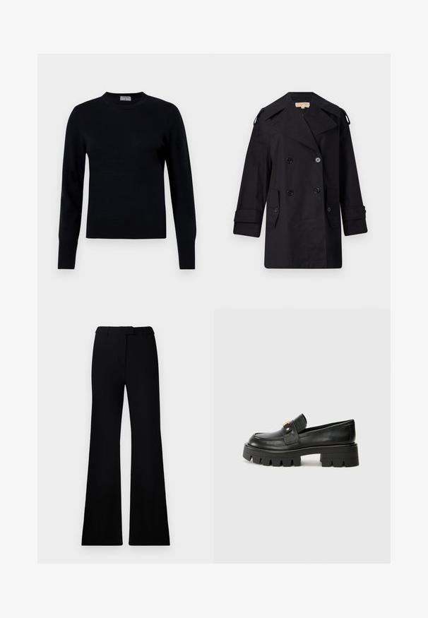 Sort dobbeltradet trenchcoat med bred krave, knapper og sidetaske. Lavet af et glat stof med lige snit og manchetter.; Sort striktrøje med rund hals og lange ærmer. Har en glat tekstur og ribbede manchetter, der giver en klassisk pasform og design.; Sorte flagrende bukser med en glat tekstur, skræddersyet talje og forlommer, designet med en slank, moderne silhuet.; Sorte læder loafers med en kraftig sål, prydet med en guldfarvet detalje på fronten og en glat finish. Kraftigt mønster designet på sålen.