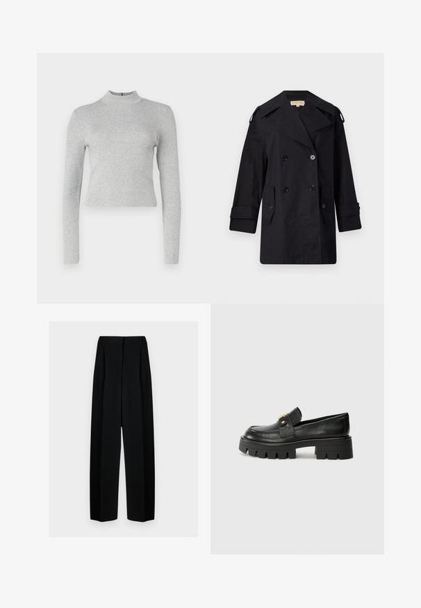 Must musta kahekordne trench coat laia kraega, nuppude ja küljetaskutega. Valmistatud siledast kangast, sirge lõike ja mansettidega varrukatega.; Helehall ribaga pikad varrukad turtleneck pluus, mis on keha lähedal silhouette'iga ja millel on tagumine väike lukuga sulgemine. Ühtlane tekstuur kogu ulatuses.; Mustad laiad püksid kõrge vöökohtaga, millel on voldid ja sujuv tekstuur. Kanga välimus on kerge ja see ripub elegantselt.; Mustast nahkfrontaalid, millel on paks tald, esiosas kullatooni aksent ja sile viimistlus. Talse paksu mustriga disain.