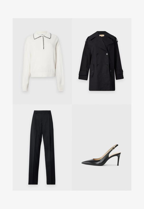 Černý dvojřadý trenčkot s širokým límcem, knoflíky a bočními kapsami. Vyroben z hladkého materiálu se rovnými liniemi a manžetovými rukávy.; Bílý pletený svetr s černým olemováním límce, s knoflíkovou légou a žebrovanými manžetami a spodním lemem pro přiléhavý vzhled.; Černé kalhoty vyrobené z hladké tkaniny, vybavené vysokým pasem, širokými nohavicemi, předními záhyby a klasickými poutky na opasek. Nejsou viditelné boční kapsy.; Černé kožené lodičky na podpatku s špičatou špičkou, nastavitelným páskem a elegantním jehlovým podpatkem, vyznačující se hladkým povrchem.