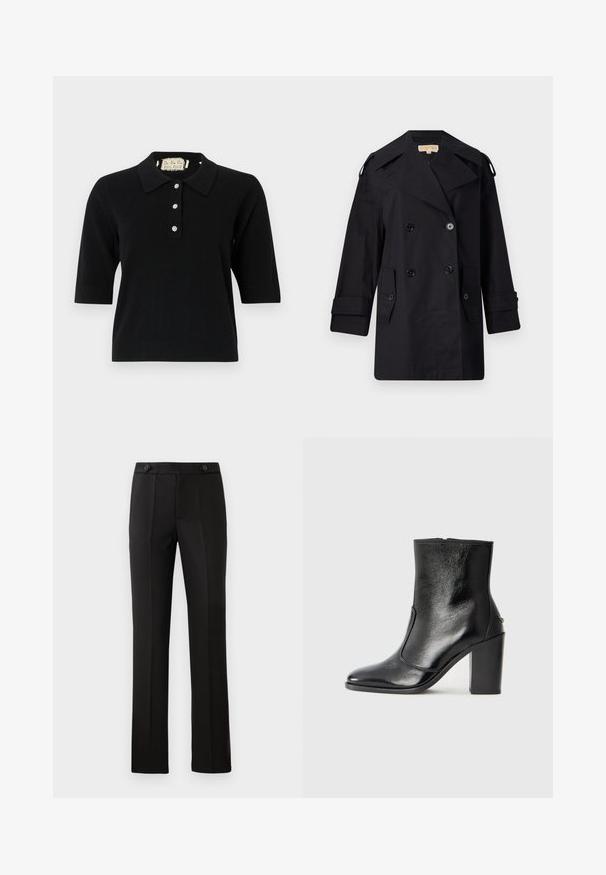 Black double-breasted trench coat with a wide collar, buttons, and side pockets. Made from a smooth fabric with a straight cut and cuffed sleeves.; Black short-sleeve polo shirt made of a smooth knit fabric. Features a classic collar and four button placket with decorative buttons.; Black tailored trousers with a straight leg, two front pockets, a button closure, and pleat detailing on the front. Smooth fabric texture.; Black leather ankle boot with a smooth texture, pointed toe, and a chunky high heel. Features a side opening and minimalistic design.