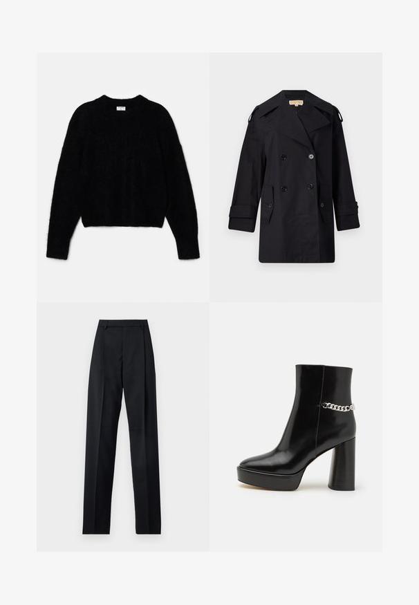 Manteau trench noir à double boutonnage avec un large col, des boutons et des poches latérales. Fabriqué en tissu lisse avec une coupe droite et des manches retroussées.; Pull court noir en matériau moelleux. Présente un col rond et des manches longues avec une texture douce. Design minimal, sans motifs.; Pantalon noir en tissu lisse avec taille haute, jambes larges, plis à l'avant et passants de ceinture classiques. Pas de poches latérales visibles.; Bottine noire en cuir verni avec une plateforme épaisse et un haut talon bloc. Caractérisée par un accent en chaîne argentée sur le côté. Texture lisse.