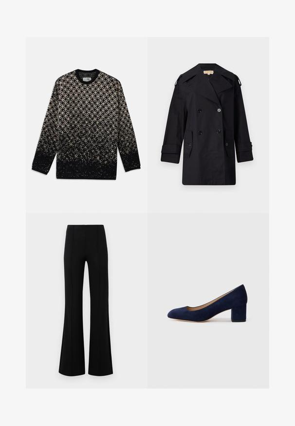 Μαύρο παλτό trench διπλής όψης με φαρδιά κολάρο, κουμπιά και πλαϊνές τσέπες. Κατασκευασμένο από λεία ύφασμα με ίσια γραμμή και μανίκια με φάσες.; Πλεκτό πουλόβερ με σχέδιο διαμαντιών σε μπεζ και μαύρο, με βαθμιαία αλλαγή χρώματος. Στρογγυλή λαιμόκοψη και μακριά μανίκια. Μαλακή υφή.; Μαύρο φούστα παντελόνι με ψηλή μέση, φτιαγμένο από ελαστικό ύφασμα. Διαθέτει κατακόρυφες ραφές στην μπροστινή πλευρά και απαλή υφή.; Ναυτικό μπλε σουέτ γόβες με αιχμηρή μύτη και μεσαίο φαρδύ τακούνι. Λείο υλικό με απαλό γυαλιστερό φινίρισμα και μικρή κοπή εμπρός.
