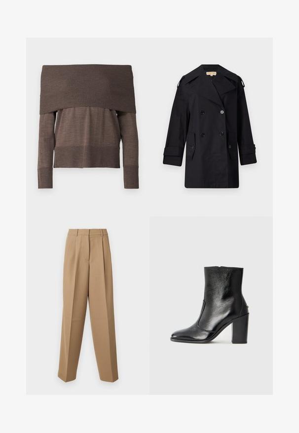 Melnā divrindas trencote ar platu apkakli, pogām un sānu kabatām. Izgatavots no gludas auduma ar taisnu piegriezumu un aproču piedurknēm.; Max Mara Leisure RIVETTO - Džemperis - nocciola; Bēšas stilīgas bikses ar augstu jostasvietu, kroku priekšpusi un platām kājām. Audums izskatās gluds ar vieglu spīdumu.; Melnas ādas potīšu zābaki ar gludu tekstūru, smailu purngalu un masīlu augstu papēdi. Iekļauts sānu atvērums un minimālistisks dizains.