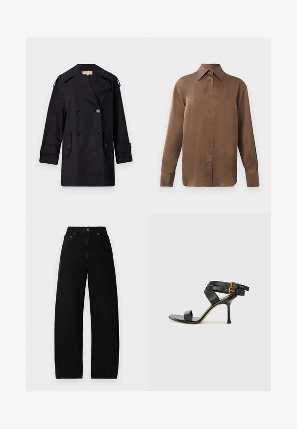 Črn dvojnikičasti plašč s širokim ovratnikom, gumbi in stranskimi žepi. Narejen iz gladkega materiala, z ravnim krojem in manšetami.; Rjav dolg rokav s srajco s gumbi in koničastimi ovratniki in manšetami, prikazana na enostavni beli podlagi.; Črne široke kavbojke iz denima z visokim pasom, ki vključujejo sprednje zapiranje na gumb, žepke in gladko, mat teksturo.; Črne sandale na peto z križnimi trakovi in prilagodljivo zaponko. Imajo gladko teksturo in zožen peto.