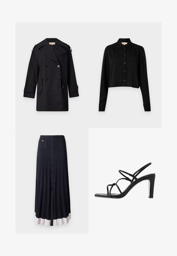 Cămașă neagră, cu dublu rând de nasturi, trenci cu guler larg, nasturi și buzunare laterale. Fabricată dintr-un material neted, cu o croială dreaptă și mâneci cu mansete.; Cămașă neagră scurtă cu mâneci lungi, guler ascuțit și închidere cu nasturi. Fabricată dintr-un material neted, cu o croială lejeră și mâneci cu manșete.; Fustă maxi plisată în navy închis cu închidere cu nasturi. Are două buzunare frontale și o margine de culoare deschisă. Realizată dintr-un material moale și texturat.; Sandale negre cu toc, cu barete subțiri, finisaj texturat, vârful deschis și un design elegant al tocului ascuțit. Au o talpă interioară netedă și o suprafață strălucitoare.