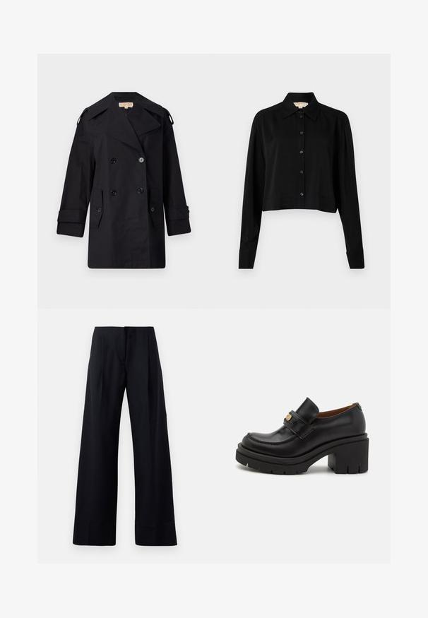 Black double-breasted trench coat with a wide collar, buttons, and side pockets. Made from a smooth fabric with a straight cut and cuffed sleeves.; Black cropped shirt with long sleeves, a pointed collar, and button front. Made from smooth fabric with a relaxed fit and cuffed sleeves.; Black, pinstriped trousers with a wide-leg design, featuring sharp pleats and a clean finish. Made from a smooth, lightweight fabric.; Black leather loafers feature a high, chunky platform with a textured sole. They have a stitched design and a gold-toned accent on the strap.