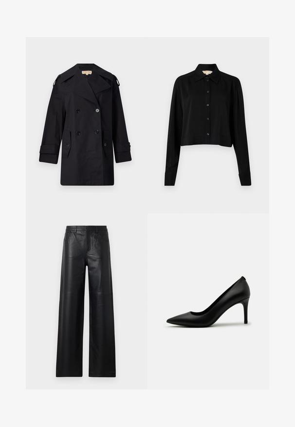 Czarny podwójnie zapinany płaszcz przeciwdeszczowy z szerokim kołnierzem, guzikami i bocznymi kieszeniami. Wykonany z gładkiego materiału, o prostym kroju i mankietach.; Czarna krótka bluzka z długimi rękawami, spiczastym kołnierzykiem i zapięciem na guziki. Wykonana z gładkiego materiału, ma luźny krój i mankiety.; Szerokie czarne skórzane spodnie o gładkiej fakturze, z przednimi kieszeniami, zapięciem na guzik i subtelnymi detalami szycia.; Czarne szpilki wykonane z gładkiej skóry, z wąskim noskiem i smukłym obcasem w kształcie słupka. Minimalistyczny design bez widocznych zdobień.