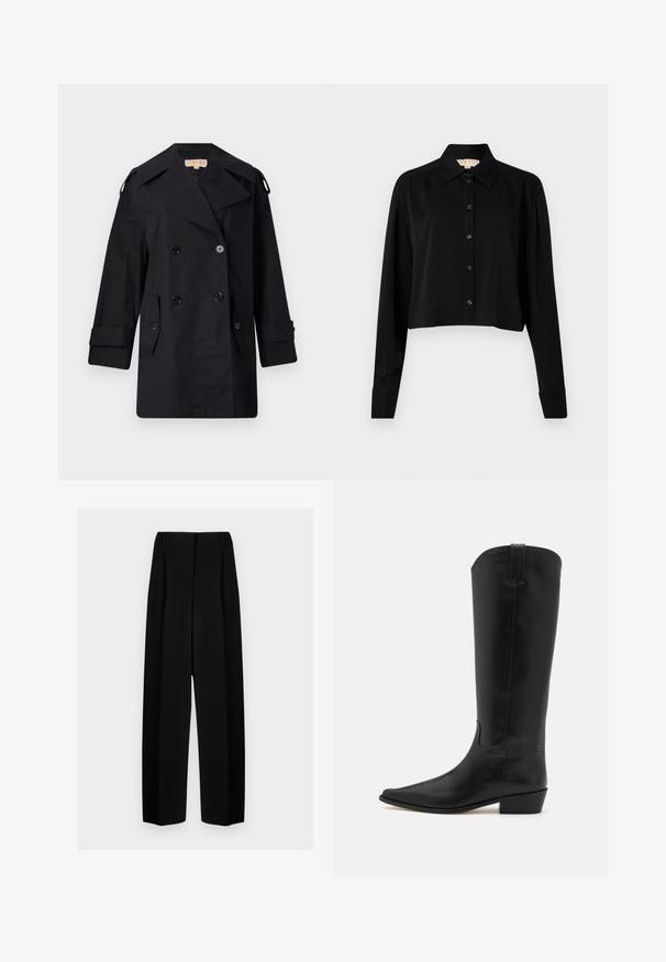 Abrigo de trinchera negro de doble botonadura con un amplio cuello, botones y bolsillos laterales. Fabricado en una tela suave con un corte recto y mangas con puños.; Camisa negra corta con mangas largas, cuello puntiagudo y botones en la parte delantera. Fabricada en un tejido suave con un corte holgado y mangas con puños.; Pantalones de pierna ancha negros con cintura alta, que presentan pliegues y una textura suave. El tejido parece ligero y se drapea de forma elegante.; MICHAEL Michael Kors NASH - Botas camperas - black