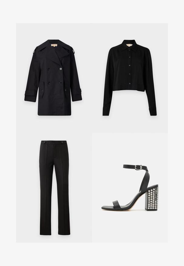 Fekete dupla gombos trench kabát széles gallérral, gombokkal és oldalsó zsebekkel. Simább anyagból készült, egyenes szabású és felhajtott ujjú.; Fekete, rövid fazonú ing hosszú ujjakkal, hegyes gallérral és gombos elejével. Simító anyagból készült, laza szabású és megkötött ujjaival.; Fekete, szabott nadrág egyenes lábbal, két elülső zsebbel, gombos záródással és plisszé részletezéssel elöl. Simább anyagú textúra.; Fekete bőr sarkú szandál bokaremmel. Négyzetes orrával, sima felületével és négyzet alakú, ezüst tüskékkel díszített tömbsarkával rendelkezik.