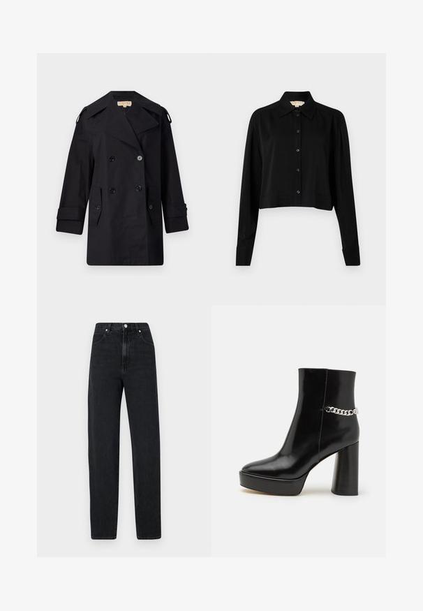 Černý dvojřadý trenčkot s širokým límcem, knoflíky a bočními kapsami. Vyroben z hladkého materiálu se rovnými liniemi a manžetovými rukávy.; Černá zkrácená košile s dlouhými rukávy, špičatým límcem a předním zapínáním na knoflíky. Vyrobena z hladké látky s volnějším střihem a manžetami.; Černé rovné džíny vyrobené z denimu. Mají vysoký pas, kovové zapínání na knoflík, pět kapes a jemné švy.; Černá lakovaná kotníková bota s robustní platformou a vysokým blokovým podpatkem. Na boku má stříbrný řetěz jako akcent. Hladký povrch.