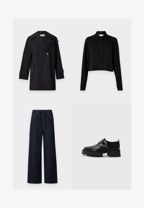 Cămașă neagră, cu dublu rând de nasturi, trenci cu guler larg, nasturi și buzunare laterale. Fabricată dintr-un material neted, cu o croială dreaptă și mâneci cu mansete.; Cămașă neagră scurtă cu mâneci lungi, guler ascuțit și închidere cu nasturi. Fabricată dintr-un material neted, cu o croială lejeră și mâneci cu manșete.; Pantaloni din denim de un albastru închis, cu croi larg, talie cu șnur, design standard cu cinci buzunare și detalii de cusătură contrastante.; Pantofi din piele neagră cu o talpă groasă, nervurată, având un accent circular din metalargintiu și un detaliu minim de cusătură.