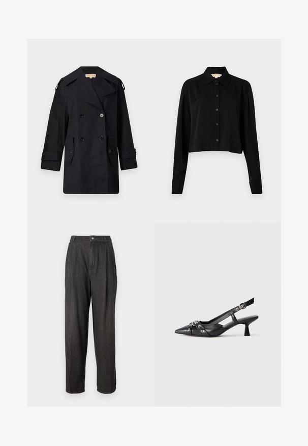 Juodas dvigubas paltas su plačiu apykakle, mygtukais ir šoninėmis kišenėmis. Pagamintas iš lygaus audinio su tiesia kirpimo linija ir rankovėmis su atvartais.; Juodas trumpas marškinėliai su ilgomis rankovėmis, smailiu apykakle ir mygtukų priekyje. Pagamintas iš lygaus audinio su laisvu siluetu ir apverčiamos rankovėmis.; Tamsiai pilki džinsai su aukštu liemeniu, priekinėmis raukšlėmis, tiesiomis kojomis ir vienu mygtuko užsegimu liemens juostoje.; Juodas odinis slingback tipo batai su smailiu priekiniu atvartu, dekoratyvinėmis sagtimis su metaliniais akyčiais ir žemu blokiniu kulnu. Saldus paviršius.