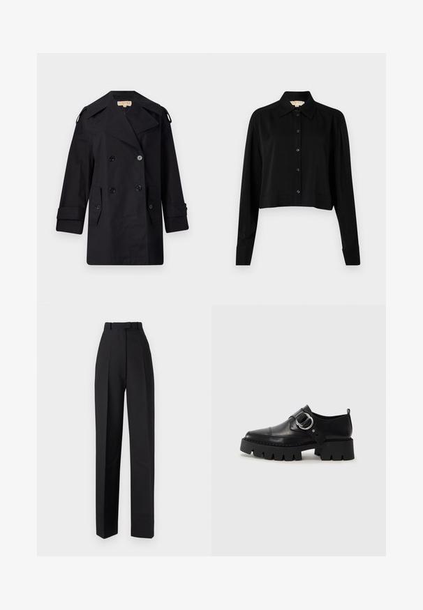 Fekete dupla gombos trench kabát széles gallérral, gombokkal és oldalsó zsebekkel. Simább anyagból készült, egyenes szabású és felhajtott ujjú.; Fekete, rövid fazonú ing hosszú ujjakkal, hegyes gallérral és gombos elejével. Simító anyagból készült, laza szabású és megkötött ujjaival.; Fekete, magas derekú nadrág pliszékkel, testre szabott kialakítással és egyenes lábakkal. Simább anyagból készült, minimális részletezéssel.; Fekete bőr cipők tömzsi, bordázott talppal, kerek ezüst hardware díszítéssel és minimális varrási részletekkel.