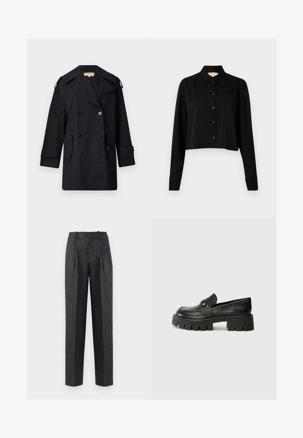 Juodas dvigubas paltas su plačiu apykakle, mygtukais ir šoninėmis kišenėmis. Pagamintas iš lygaus audinio su tiesia kirpimo linija ir rankovėmis su atvartais.; Juodas trumpas marškinėliai su ilgomis rankovėmis, smailiu apykakle ir mygtukų priekyje. Pagamintas iš lygaus audinio su laisvu siluetu ir apverčiamos rankovėmis.; Tamsiai pilkos spalvos kelnes su šviesiomis juostelėmis, tiesaus kirpimo, su priekinių raukšlių detalėmis ir glotnia tekstūra.; Juodi odiniai loafers batai su masyviu padu, papuošti auksiniu akcentu priekyje ir lygiu paviršiumi. Masyvi protektoriaus dizaino išvaizda padais.