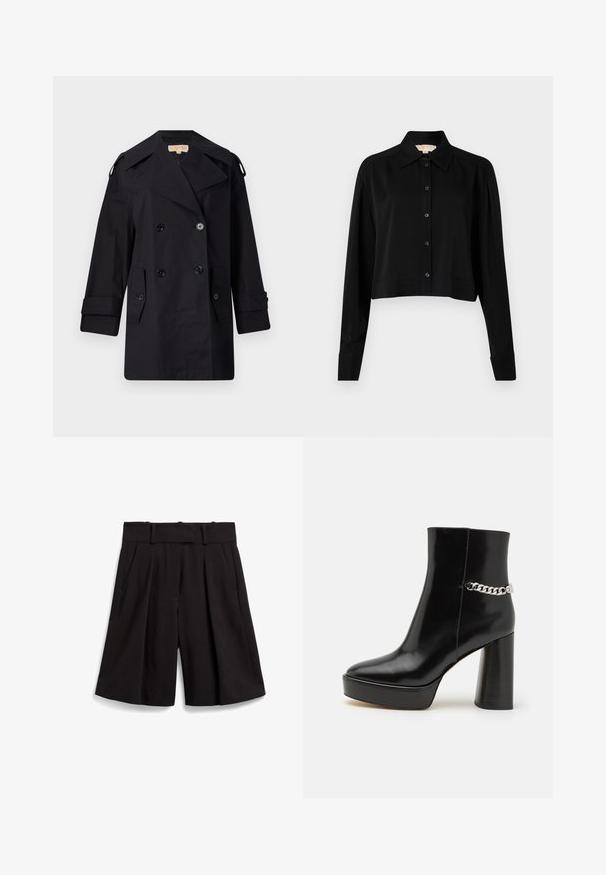 Černý dvojřadý trenčkot s širokým límcem, knoflíky a bočními kapsami. Vyroben z hladkého materiálu se rovnými liniemi a manžetovými rukávy.; Černá zkrácená košile s dlouhými rukávy, špičatým límcem a předním zapínáním na knoflíky. Vyrobena z hladké látky s volnějším střihem a manžetami.; Černé šité šortky s širokými nohavicemi, záhyby vpředu a plochým pasem s poutky na opasek. Hladká textura látky.; Černá lakovaná kotníková bota s robustní platformou a vysokým blokovým podpatkem. Na boku má stříbrný řetěz jako akcent. Hladký povrch.