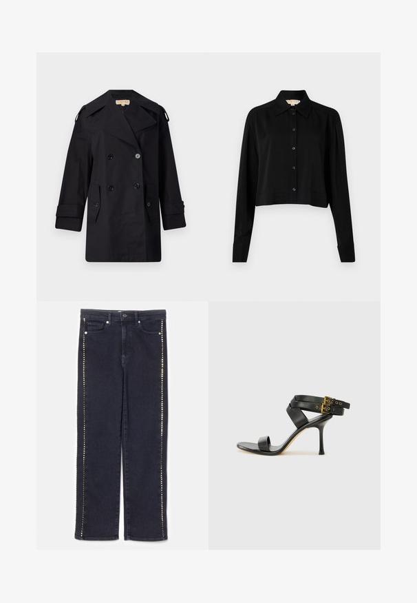 Juodas dvigubas paltas su plačiu apykakle, mygtukais ir šoninėmis kišenėmis. Pagamintas iš lygaus audinio su tiesia kirpimo linija ir rankovėmis su atvartais.; Juodas trumpas marškinėliai su ilgomis rankovėmis, smailiu apykakle ir mygtukų priekyje. Pagamintas iš lygaus audinio su laisvu siluetu ir apverčiamos rankovėmis.; Tamsaus džinsinio audinio kelnės su tiesiu kirpimu ir eilute metalinių smeigės per šoninius siūlus, suteikiančios išskirtinį akcentą.; Juodi kulniškų sandalai su kryžminėmis juostelėmis ir reguliuojamu sagtimi. Ypatybė – lygus paviršius ir siauras smailas kulnas.