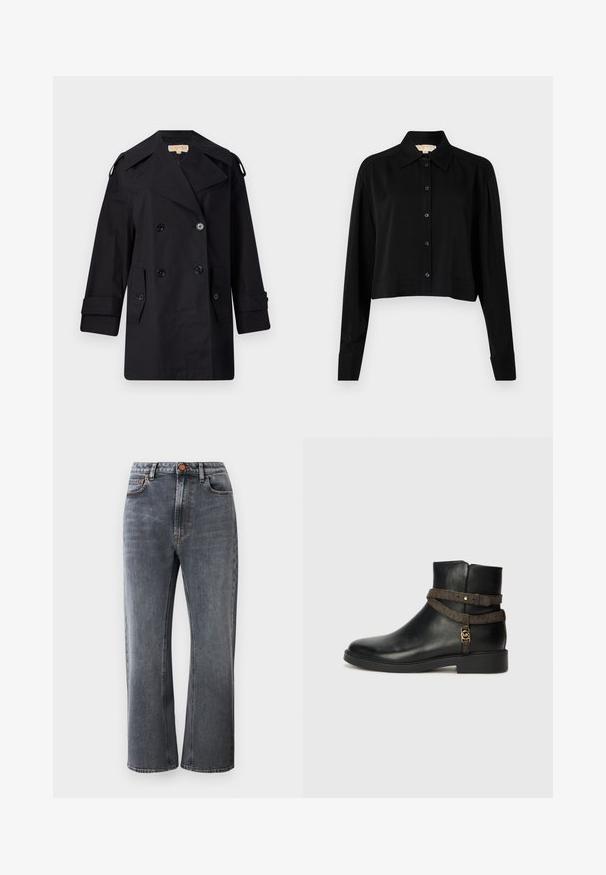 Svart dubbelknäppt trench coat med bred krage, knappar och sidofickor. Tillverkad av en slät tyg med rak skärning och uppvikta ärmar.; Svart kortärmad skjorta med lång ärm, spetsig krage och knappstängning. Tillverkad av slät tyg med lös passform och uppvikta ärmar.; Mörkgrå denimjeans med hög midja, raka ben, fem fickor och kontrasterande orange sömnadsdetaljer.; Svart läderankelboot med platt sula, med ett brunt mönstrat rem och detalj i guldton. Slät yta.