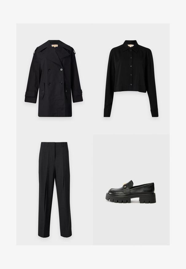 Fekete dupla gombos trench kabát széles gallérral, gombokkal és oldalsó zsebekkel. Simább anyagból készült, egyenes szabású és felhajtott ujjú.; Fekete, rövid fazonú ing hosszú ujjakkal, hegyes gallérral és gombos elejével. Simító anyagból készült, laza szabású és megkötött ujjaival.; Sötétszürke, egyenes szárú, szabott nadrág, amely két elülső plissével, övbetevőkkel és sima szövettextúrával rendelkezik.; Fekete bőr loaferek masszív talppal, elöl arany színű díszítéssel és sima felülettel. A talpon vastag mintázat található.