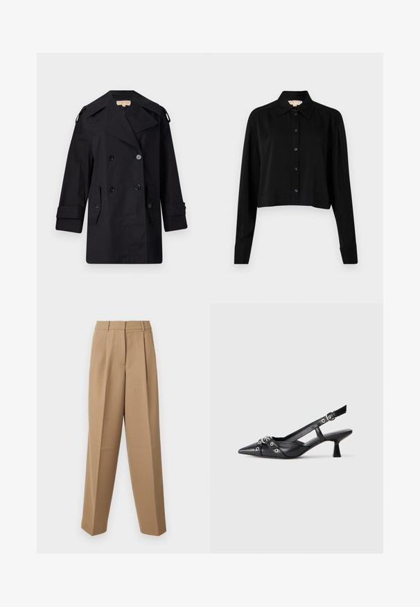 Čierny dvojradový trenčkot s širokým golierom, gombíkmi a bočnými vreckami. Vyrobený z hladkej látky s rovným strihom a manžetami.; Čierna skrátená košeľa s dlhými rukávmi, špicatým golierom a zapínaním na gombíky. Vyrobená z hladkej látky s voľným strihom a manžetovými rukávmi.; Krémové upravené nohavice s vysokým pásom, skladaným predkom a širokým strihom. Tkanina sa zdá byť hladká s jemným leskom.; Čierne kožené slingback topánky s špicatou špičkou, ozdobnými popruhmi s kovovými očkami a nízkym blokovým podpätkom. Textúrovaný povrch.