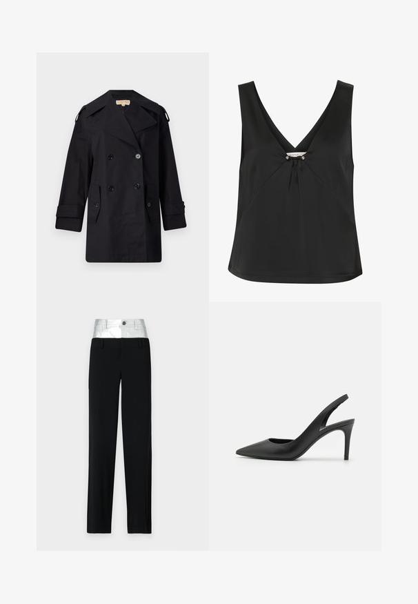 Manteau trench noir à double boutonnage avec un large col, des boutons et des poches latérales. Fabriqué en tissu lisse avec une coupe droite et des manches retroussées.; Haut sans manches noir avec un décolleté en V, présentant un nœud décoratif et des accents argentés au centre, fabriqué en tissu lisse et élégant.; Pantalon noir avec une taille en argent brillant. Doté d'une fermeture à bouton et de quatre poches, avec une coupe ajustée et un design à jambe droite.; Escarpins à talon aiguille en cuir noir, avec un design à bout pointu, présentant une découpure à l'avant et un talon fin.