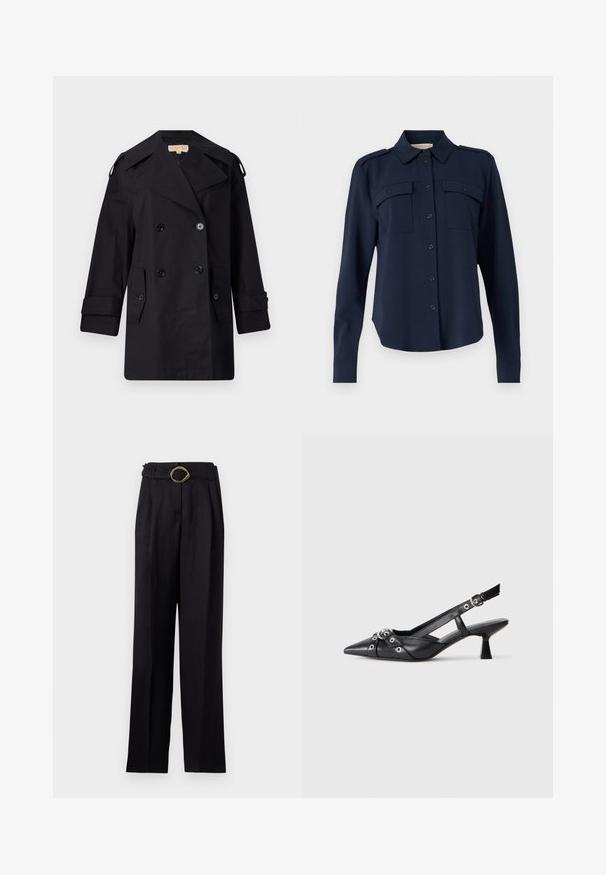 Črn dvojnikičasti plašč s širokim ovratnikom, gumbi in stranskimi žepi. Narejen iz gladkega materiala, z ravnim krojem in manšetami.; Mornarno modra srajca s gumbi, izdelana iz mehkega materiala. Ima dve žepoma na prsih, ramenske epaulety in dolge rokave z gumbastimi manšeti.; Črne hlače z visokim pasom in širokimi nogavicami, opremljene z zvitim zlatim sponko na pasu. Gladka tkanina z rahlim leskom.; Črne usnjene sandale središnje zaponke z ostro konico, okrasnimi trakovi z kovinskimi očesi in nizko blokasto peto. Teksturirana površina.