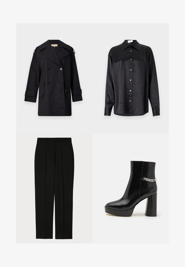 Melnā divrindas trencote ar platu apkakli, pogām un sānu kabatām. Izgatavots no gludas auduma ar taisnu piegriezumu un aproču piedurknēm.; Melnas garām piedurknēm krekls ar apdari, kas piedāvā samocītu tekstūru, pilnu pogu priekšpusi un aproces. Izgatavots no gludas auduma.; Melni bikses no gludas auduma ar taisnu kāju dizainu, diviem priekšējiem krokām un tradicionālo jostu ar jostu cilpām.; Melnas patentā ādas potītes zābaki ar masīvu platformu un augstu blokveida papēdi. Sānos ir sudraba ķēdes dekors. Gluda virsma.