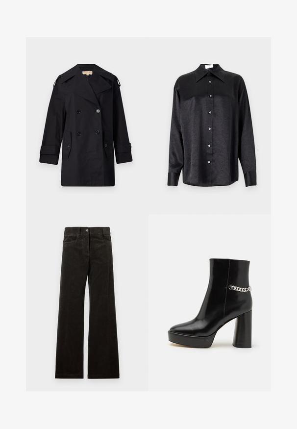 Fekete dupla gombos trench kabát széles gallérral, gombokkal és oldalsó zsebekkel. Simább anyagból készült, egyenes szabású és felhajtott ujjú.; Fekete, hosszú ujjú ing, galléros nyakkal, gyűrött textúrával, teljes gombos elejével és mandzsettákkal. Simaságú anyagból készült.; Fekete kordbársony bővített nadrág, elöl zsebekkel, gombos záródással és függőleges bordás textúrával. Sima anyag diszkrét fényességgel.; Fekete lakk bőr bokacsizma vastag talppal és magas blokksarkúval. Az oldalon ezüst lánc részlet található. Simított felület.