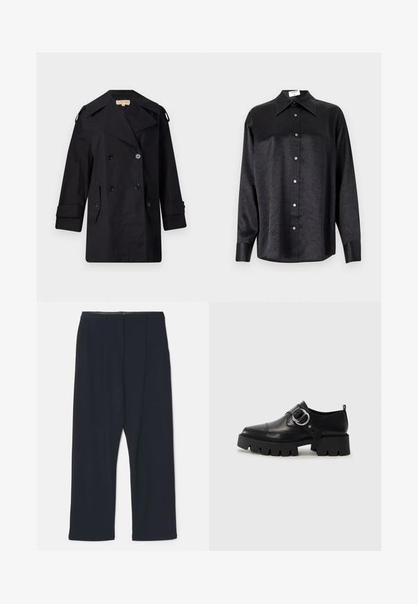 Zwarte dubbelzijdige trenchcoat met een brede kraag, knopen en zijzakken. Gemaakt van een gladde stof met een rechte snit en opgerolde mouwen.; Zwarte blouse met lange mouwen en een kraag, voorzien van een gekreukt oppervlak, volwaardige knopen aan de voorkant en manchetten. Gemaakt van een gladde stof.; Zwarte plissébroek met een rechte snit. Gemaakt van gladde stof, met een platte tailleband en zijzakken. Minimalistisch ontwerp, geen patronen.; Zwarte leren schoenen met een robuuste, geribbelde zool, voorzien van een ronde zilveren hardwareaccent en minimale stikdetails.