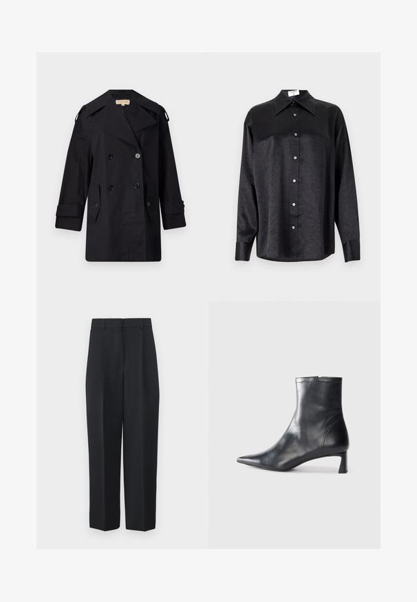 Črn dvojnikičasti plašč s širokim ovratnikom, gumbi in stranskimi žepi. Narejen iz gladkega materiala, z ravnim krojem in manšetami.; Črna srajca z dolgimi rokavi in ovratnikom, ki ima gubasto teksturo, celotno zapenjanje na gumb in manšete. Izdelana iz gladkega materiala.; WEEKEND MaxMara RONCHI - Hlače - blu; Črne usnjene gležnjarje s šiljastim nosom in elegantnim dizajnom. Imajo nizko peto in zadrgo na zadnji strani. Gladka tekstura.