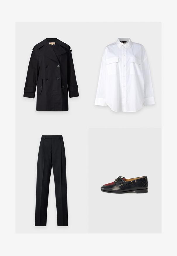 Must musta kahekordne trench coat laia kraega, nuppude ja küljetaskutega. Valmistatud siledast kangast, sirge lõike ja mansettidega varrukatega.; Valge puuvillane särk, millel on klassikaline krae, kaks rinna taskut ja pikad varrukad mansettidega. Sile tekstuur.; Mustad püksid siledast kangast, millel on kõrge vöökoht, laiad jalad, esimesed kortsud ja klassikalised vööloopid. Küljepockets pole nähtavad.; Must musta paadikets, millel on punane sametist varvas, kuldsed silmad ja dekoratiivne pael. Sile tekstuur madala plokkninaga.