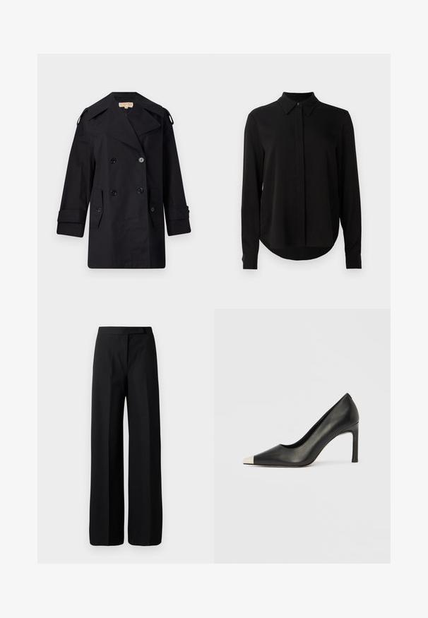 Cappotto trench nero doppiopetto con ampio colletto, bottoni e tasche laterali. Realizzato in un tessuto liscio con taglio dritto e maniche a sbuffo.; Blusa nera a maniche lunghe con colletto a punta, patta dei bottoni nascosta e orlo curvo su uno sfondo bianco semplice.; Pantaloni neri a gamba ampia con una texture liscia e opaca. Vita piatta senza hardware o motivi visibili. Design semplice ed elegante.; Scarpa con tacco alto in pelle nera con punta affilata e cappuccio metallico argento. Presenta una finitura liscia e un tacco sottile di 10 cm.
