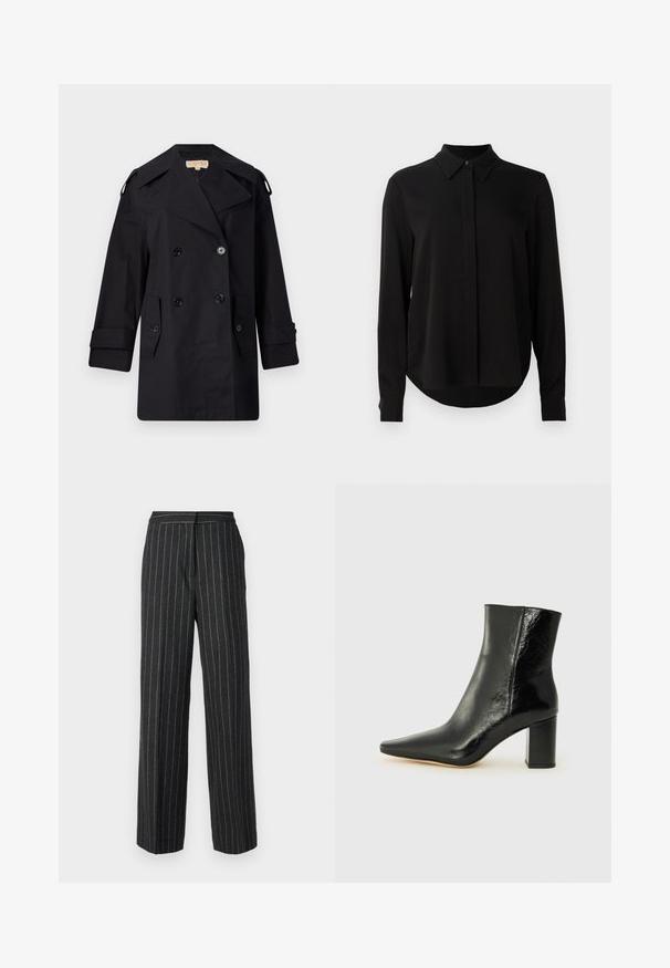 Fekete dupla gombos trench kabát széles gallérral, gombokkal és oldalsó zsebekkel. Simább anyagból készült, egyenes szabású és felhajtott ujjú.; Fekete hosszú ujjú blúz hegyes gallérral, rejtett gombsorttal és ívelt aljjal egy sima fehér háttér előtt.; Sötétszürke, széles szárú nadrág, amelyet csíkos mintázat díszít, texturált anyagból készült. Egyenes vonalvezetésű és klasszikus derékpánttal rendelkezik.; Fekete bokacsizma fényes bőrből, hegyes orral és tömör, négyzet alakú sarokkal. Simácska textúrával és minimalista dizájnnal rendelkezik.
