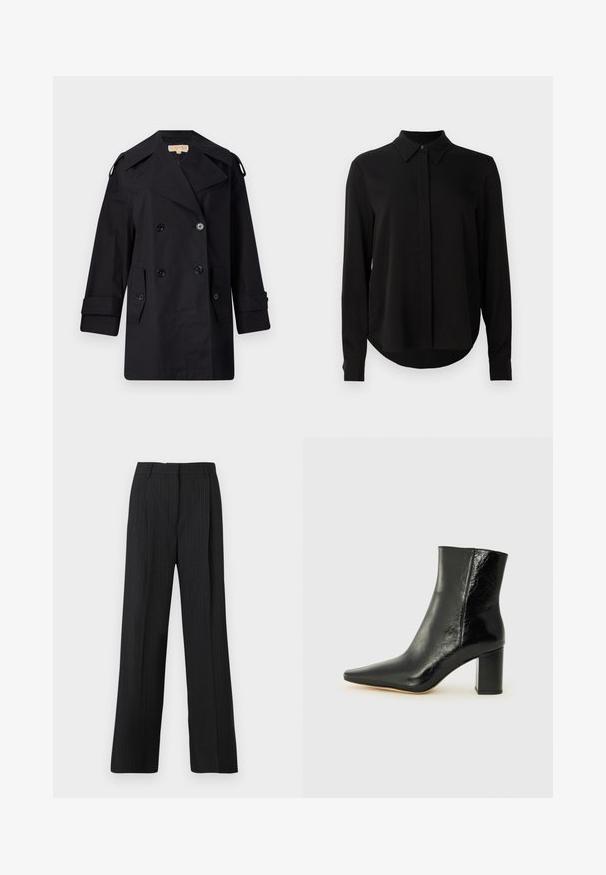 Melnā divrindas trencote ar platu apkakli, pogām un sānu kabatām. Izgatavots no gludas auduma ar taisnu piegriezumu un aproču piedurknēm.; Melna garo piedurkņu blūze ar norādītu apkakli, slēptu pogu aizdari un izliekta apakšmala uz vienkārša balta fona.; Melnas ribotās bikses ar brīvu piegriezumu, ar plakanu priekšpusi, divām sānu kabatām un gludu auduma tekstūru.; Melna potīte, izgatavota no mirdzošas ādas, ar norādītu purngalu un masīlu kvadrāta papēdi. Iezīmes ir gluda tekstūra un minimālisma dizains.