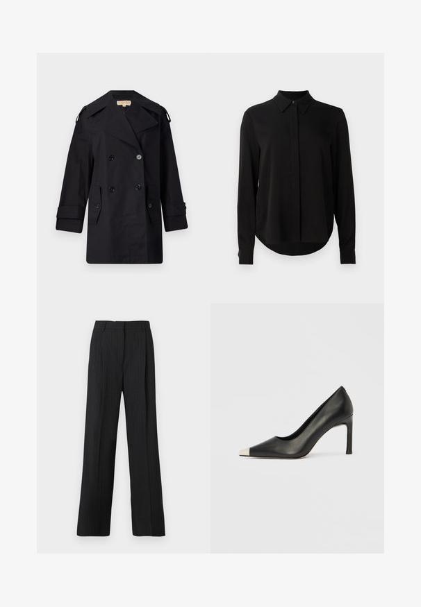 Cappotto trench nero doppiopetto con ampio colletto, bottoni e tasche laterali. Realizzato in un tessuto liscio con taglio dritto e maniche a sbuffo.; Blusa nera a maniche lunghe con colletto a punta, patta dei bottoni nascosta e orlo curvo su uno sfondo bianco semplice.; Pantaloni neri con righe sottili e una vestibilità rilassata, caratterizzati da un frontale liscio, due tasche laterali e una texture del tessuto morbida.; Scarpa con tacco alto in pelle nera con punta affilata e cappuccio metallico argento. Presenta una finitura liscia e un tacco sottile di 10 cm.