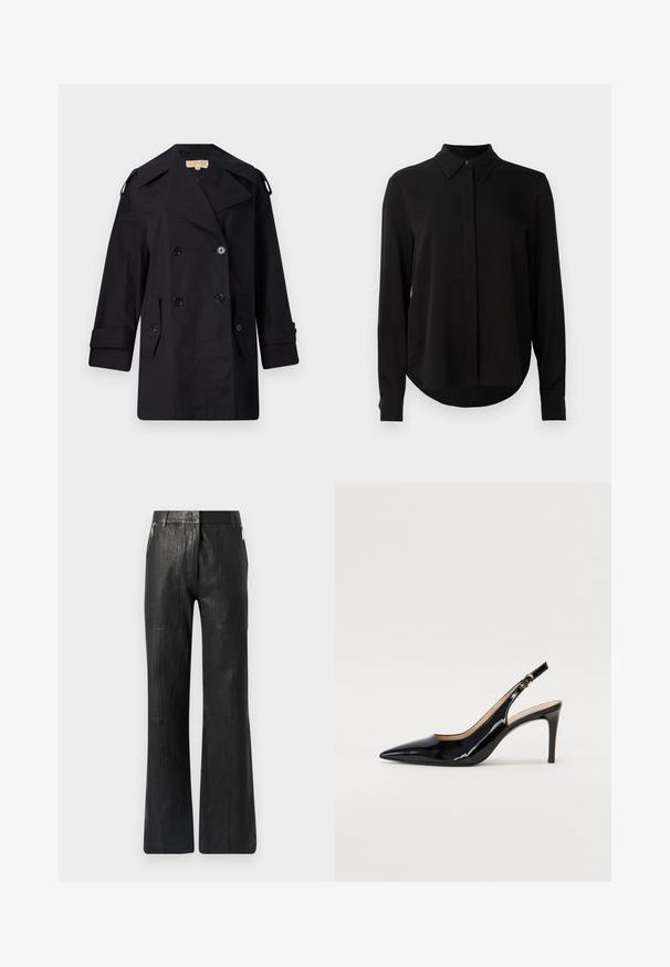 Cămașă neagră, cu dublu rând de nasturi, trenci cu guler larg, nasturi și buzunare laterale. Fabricată dintr-un material neted, cu o croială dreaptă și mâneci cu mansete.; Bluză lungă neagră cu mâneci lungi, guler ascuțit, placket cu nasturi ascunși și tiv curbat pe un fundal alb simplu.; Pantaloni largi din piele neagră, cu o textură netedă, cusături verticale și buzunare laterale cu fermoar pentru un detaliu suplimentar.; Pantofi slingback din piele patent neagră, cu vârful ascuțit, tocul subțire și un design discret cu decupaj. Se evidențiază printr-un cataramă aurie pe curea.