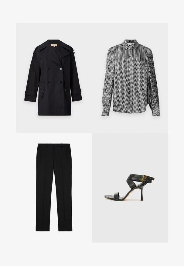 Crni dvostruko duguljasti kaput s širokim ovratom, kopčama i bočnim džepovima. Izrađen je od glatkog materijala s ravnim krojem i rukavima s manžetama.; Košulja na dugih rukava u crno-bijeloj kombinaciji s ponavljajućim uzorkom strelica, s ovratnikom. Izrađena od lagane tkanine.; Crne krojene hlače s glatkom teksturom, s ravnim prednjim dijelom, dva bočna džepa i klasičnim ravnim krojem.; Crne sandale s petom sa preklapanim trakama i podesivim kopčanjem. Imaju glatku teksturu i suženi stiletto potplat.