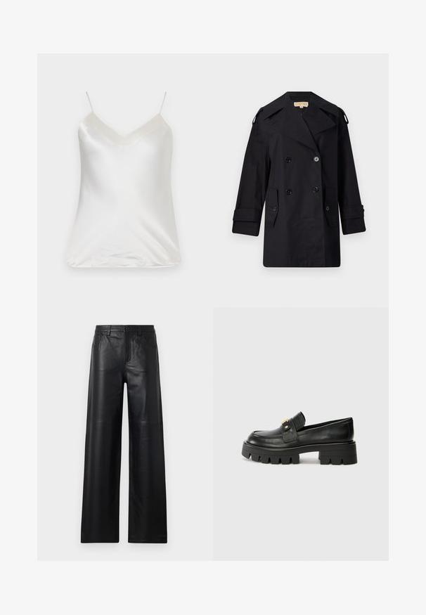 Manteau trench noir à double boutonnage avec un large col, des boutons et des poches latérales. Fabriqué en tissu lisse avec une coupe droite et des manches retroussées.; Paul & Joe VBOTANIC - Blouse - ecru; Pantalons en cuir noir à jambes larges avec une texture lisse, dotés de poches avant, d'une fermeture par bouton et de détails de couture subtils.; Mocassins en cuir noir avec une semelle épaisse, présentant un accent doré à l'avant et une finition lisse. Design à crampons épais sur la semelle.