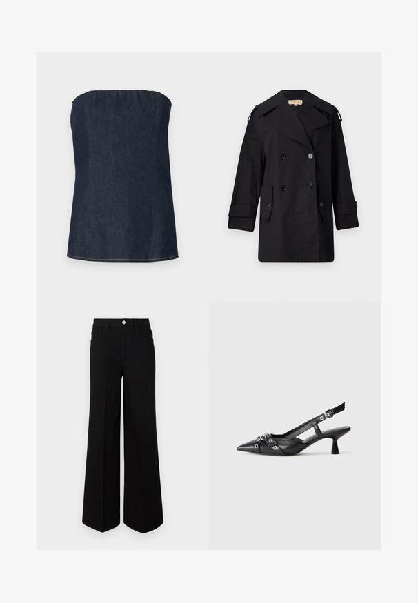 Črn dvojnikičasti plašč s širokim ovratnikom, gumbi in stranskimi žepi. Narejen iz gladkega materiala, z ravnim krojem in manšetami.; Denim top brez naramnic v temno modri barvi, z zbranim ovratnikom in čistim robom. Gladka tekstura in minimalni podrobnosti v šivanju.; Črne široke kavbojke iz trpežnega materiala, z visokim pasom, sprednjimi žepi in sprednjim gumbom. Raven rob na dnu.; Črne usnjene sandale središnje zaponke z ostro konico, okrasnimi trakovi z kovinskimi očesi in nizko blokasto peto. Teksturirana površina.