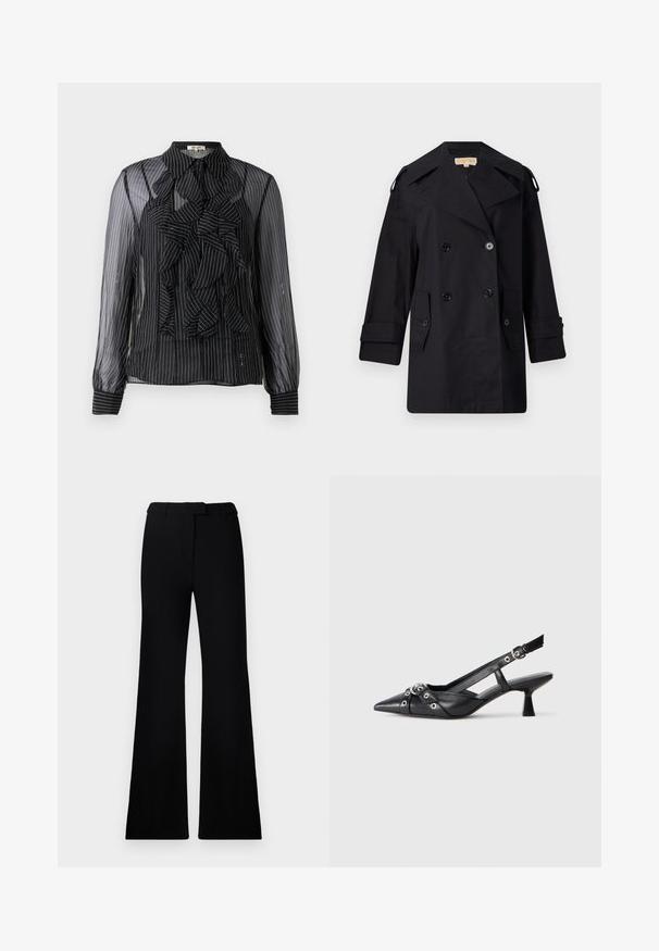 Juodas dvigubas paltas su plačiu apykakle, mygtukais ir šoninėmis kišenėmis. Pagamintas iš lygaus audinio su tiesia kirpimo linija ir rankovėmis su atvartais.; Juoda permatoma blusa su vertikaliomis baltomis juostelėmis, raukšlėta priekinė detalė, ilgomis rankovėmis ir standartine apykakle. Minkšta tekstūra ir užsegimai sagomis.; Juodos platėjančios kelnės su lygiu paviršiumi, pritaikyta juosmeniu ir priekinių kišenių dizainu, sukurtos su modernia, elegantiška siluetu.; Juodas odinis slingback tipo batai su smailiu priekiniu atvartu, dekoratyvinėmis sagtimis su metaliniais akyčiais ir žemu blokiniu kulnu. Saldus paviršius.
