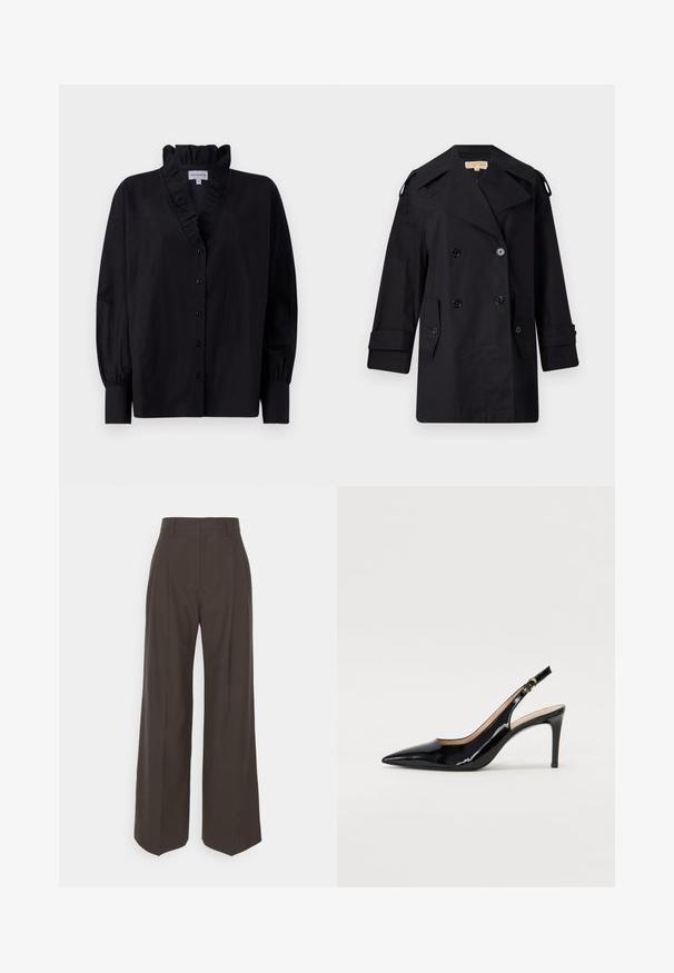 Černý dvojřadý trenčkot s širokým límcem, knoflíky a bočními kapsami. Vyroben z hladkého materiálu se rovnými liniemi a manžetovými rukávy.; Černá blůza s volánovým límcem a dlouhými, puffovými rukávy. Má zapínání na knoflíky vpředu a volný střih z hladkého materiálu.; Tmavě hnědé kalhoty s širokými nohavicemi a vysokým pasem, s elegantně vyžehlenými puky, hladkou texturou a přesným střihem.; Černé lakované slingback lodičky s špičatou špičkou, úzkým podpatkem a jemným výřezem. Obsahují zlatou sponu na řemínku.