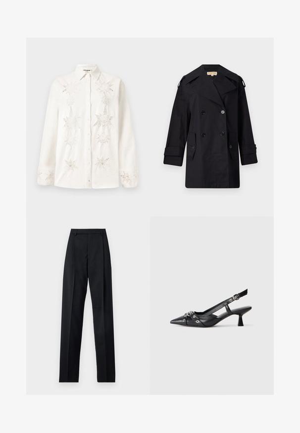 Melnā divrindas trencote ar platu apkakli, pogām un sānu kabatām. Izgatavots no gludas auduma ar taisnu piegriezumu un aproču piedurknēm.; Balta kokvilnas krekls ar pogām, izgatavots no linu, ar sarežģītu zvaigžņu formas izšuvumu priekšpusē un uz aprocēm, ar klasisku apkakles dizainu.; Melnas bikses, izgatavotas no gludas auduma, ar augstu vidukli, platiem bikšu galdniekiem, priekšējiem krokām un klasiskām jostu cilpām. Sānu kabatas nav redzamas.; Melnas ādas šlipsveida kurpes ar norādītu purngalu, dekoratīvām joslām ar metāla acīm un zemu bloku papēdi. Teksturēta virsma.