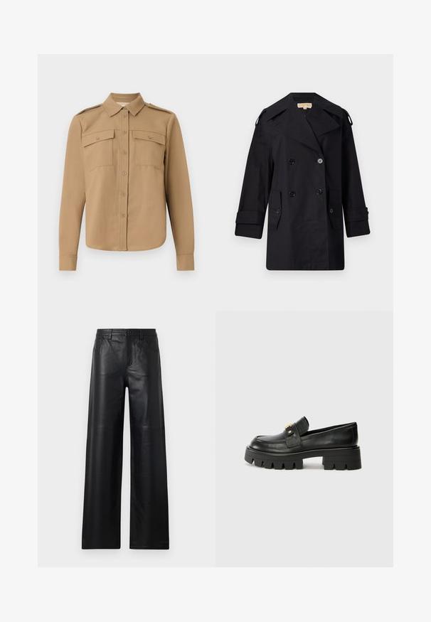 Abrigo de trinchera negro de doble botonadura con un amplio cuello, botones y bolsillos laterales. Fabricado en una tela suave con un corte recto y mangas con puños.; Camisa de manga larga en tejido marrón claro con cierre de botones en la parte delantera, dos bolsillos en el pecho, charreteras en los hombros y un dobladillo curvado.; Pantalones de cuero negro de pierna ancha con una textura suave, que cuentan con bolsillos frontales, cierre de botón y sutiles detalles de costura.; Mocasines de cuero negro con una suela gruesa, que presentan un acento en tono dorado en la parte delantera y un acabado suave. Diseño de suela con dibujo grueso.