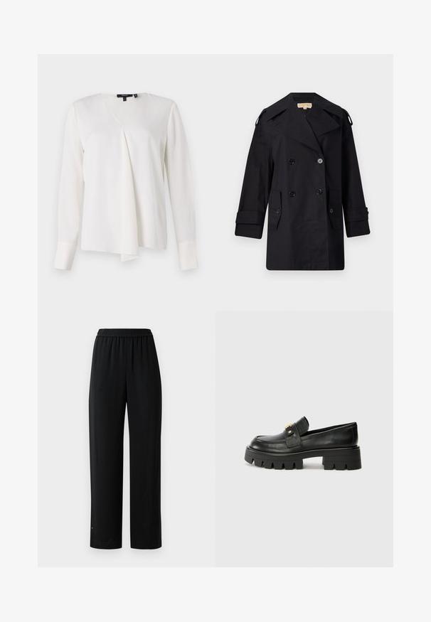 Cappotto trench nero doppiopetto con ampio colletto, bottoni e tasche laterali. Realizzato in un tessuto liscio con taglio dritto e maniche a sbuffo.; Camicia bianca a maniche lunghe con scollatura a V, caratterizzata da un davanti drappeggiato, una texture liscia e polsini strutturati. Stile semplice e versatile.; Pantaloni neri a gamba larga realizzati in un tessuto morbido con cintura elastica. Presentano una vestibilità dritta e dettagli minimi. Adatti per un abbigliamento casual.; Mocassini in pelle nera con suola spessa, caratterizzati da un accento dorato nella parte anteriore e una finitura liscia. Design della suola con profilo spesso.