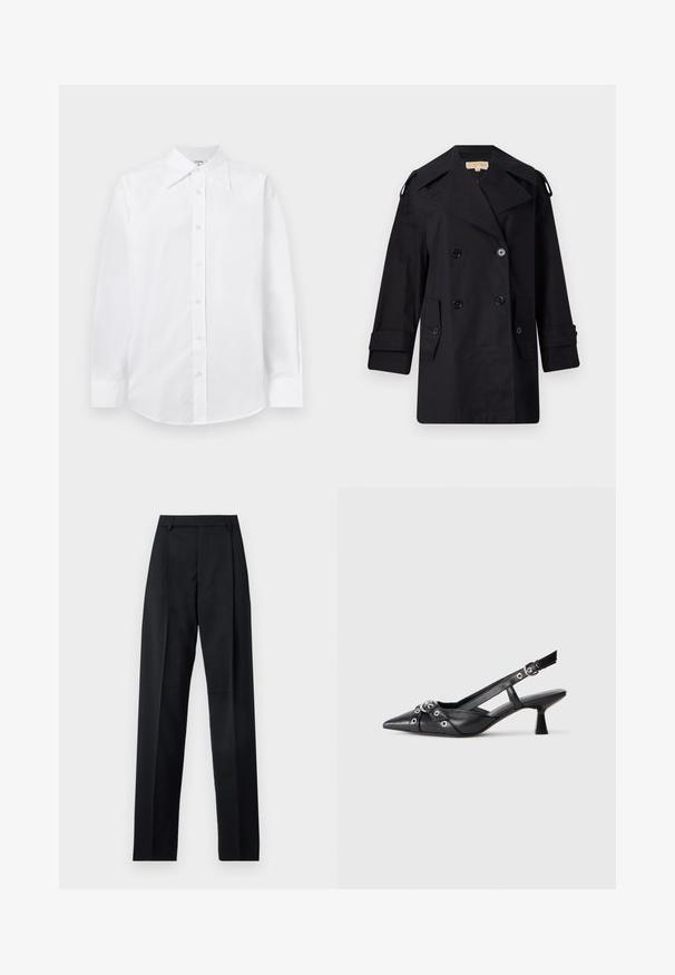 Juodas dvigubas paltas su plačiu apykakle, mygtukais ir šoninėmis kišenėmis. Pagamintas iš lygaus audinio su tiesia kirpimo linija ir rankovėmis su atvartais.; Balta prigludusi marška su ilgomis rankovėmis, klasikinio smaigalio apykakle ir mygtukų uždarymu. Pagaminta iš lygaus, lengvo audinio.; Juodos kelnės iš lygaus audinio, pasižyminčios aukštu liemeniu, plačiomis kojomis, priekinėmis klostėmis ir klasikiais diržo kilpomis. Šoninių kišenių nematyti.; Juodas odinis slingback tipo batai su smailiu priekiniu atvartu, dekoratyvinėmis sagtimis su metaliniais akyčiais ir žemu blokiniu kulnu. Saldus paviršius.