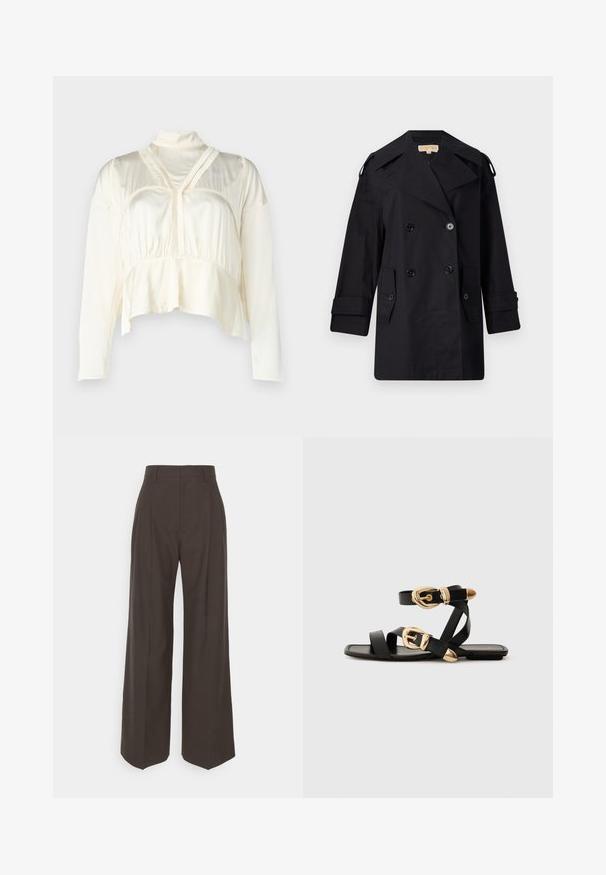 Juodas dvigubas paltas su plačiu apykakle, mygtukais ir šoninėmis kišenėmis. Pagamintas iš lygaus audinio su tiesia kirpimo linija ir rankovėmis su atvartais.; Trumpu kreminiu bluzonu su ilgomis rankovėmis, aukštu apykakle, raukšlėmis krūtinės srityje ir lygios, tekstūruotos medžiagos.; Tamsiai rudos platėjančios kelnės su aukštu liemeniu, pasižyminčios tvarkingai prispaustomis raukšlėmis, lygia tekstūra ir pritaikytu siluetu.; Juodos odinės šlepetės su auksiniais sagtelėmis, turinčios daugybę dirželių ir plokščią padą, skirtos atviriems pirštams.