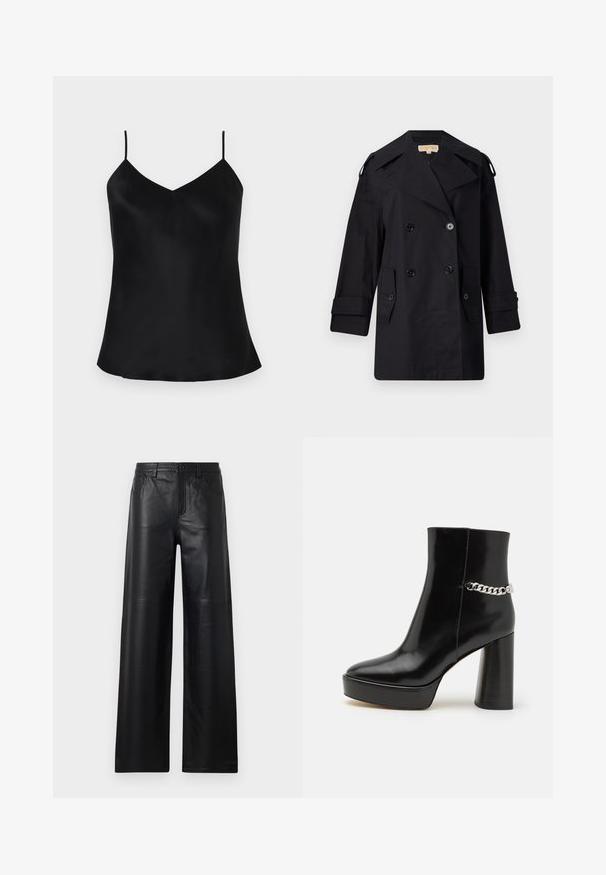Sort dobbeltradet trenchcoat med bred krave, knapper og sidetaske. Lavet af et glat stof med lige snit og manchetter.; Sort satin cami top med justerbare tynde stropper, V-hals design og en glat, draperende pasform. Sømmene buer blidt ved siderne.; Bredde ben sorte læderbukser med en glat tekstur, der har frontlommer, knaplukning og subtile syninger.; Sorte lakerede ankelstøvler med en kraftig platform og høj blokhæl. Har en sølv kædeaccent på siden. Glat tekstur.