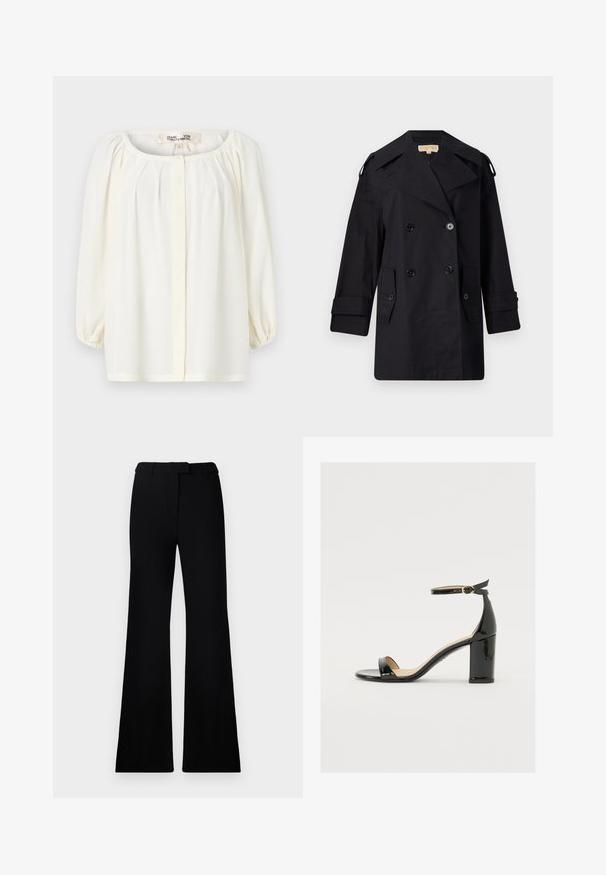 Must musta kahekordne trench coat laia kraega, nuppude ja küljetaskutega. Valmistatud siledast kangast, sirge lõike ja mansettidega varrukatega.; Valge pluus, millel on ümmargune kaelus, volditud esiosa ja kolmandiku pikkusega puhvvarrukad. Valmistatud kerge materjali ja pehme tekstuuriga.; Mustad flared püksid, millel on sile tekstuur, kohandatud vöökoht ja ees olevad taskud, kujundatud laisa, modernse siluetiga.; Must musta nahk sandaalid laia kanna, avatud varvaste ja ankletihaga, millel on kuldne pandla. Sile tekstuur ja elegantne disain.