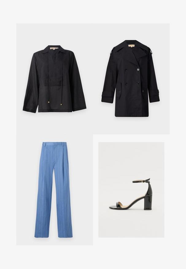 Crni dvostruko duguljasti kaput s širokim ovratom, kopčama i bočnim džepovima. Izrađen je od glatkog materijala s ravnim krojem i rukavima s manžetama.; Crna long-sleeve majica od laganog materijala, sa ovratnikom, prorezom u obliku slova V sprijeda i dva vezica sa zlatnim detaljima.; Svijetloplave široke hlače s vertikalnim bijelim prugama. Napravljene su od glatkog materijala, s prednjim oštrim naborom i čistim dizajnom struka.; Crne lakirane sandale s širokim potpeticama, otvorenim prstima i remenom oko gležnja s zlatnom kopčom. Glatka tekstura i elegantan dizajn.