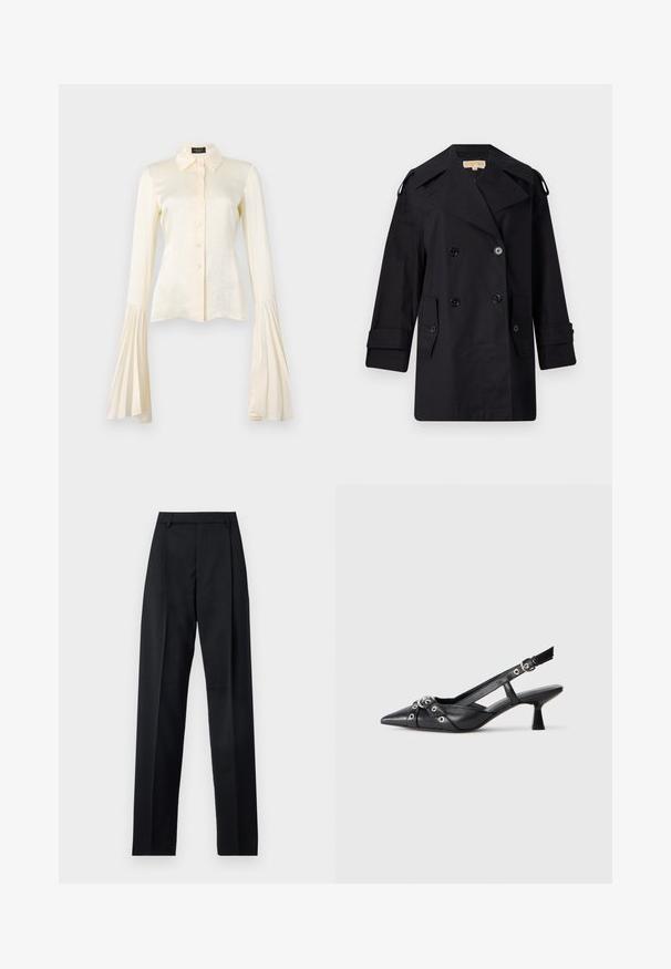 Cămașă neagră, cu dublu rând de nasturi, trenci cu guler larg, nasturi și buzunare laterale. Fabricată dintr-un material neted, cu o croială dreaptă și mâneci cu mansete.; Bluză lungă cu mâneci lungi de culoare crem, cu un închidere tip buton, guler și mâneci evazate pliate. Material satinat neted cu o textură subtilă.; Pantaloni negri dintr-un material neted, cu talie înaltă, picioare largi, pliuri frontale și loop-uri clasice pentru curea. Fără buzunare laterale vizibile.; Pantofii slingback din piele neagră, cu vârful ascuțit, curele decorative cu ochiuri din metal și toc bloc mic. Suprafață texturată.